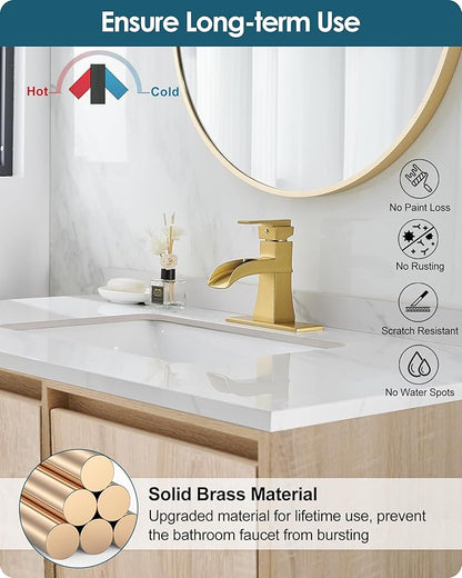 Gold Bathroom Sink Faucet 1 Hole, Brass Waterfall Faucet for Bathroom Sink, 4 Inch 3 Hole with Single Handle, Deck Plate & cUPC Water Hoses for Antique Vanity Lavatory, Not Included Pop-up Drain