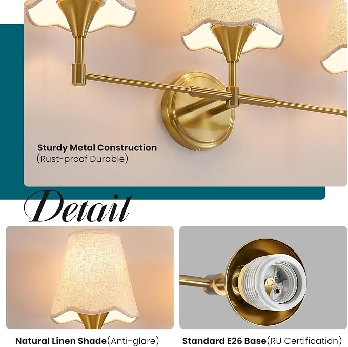 Gold Bathroom Vanity Light Fixtures: 3 Light Vanity Lighting Fixtures with Flared Fabric Shade, Brushed Gold Bathroom Lighting Fixture over Mirror, Wall Sconce Lights for Bedroom Hallway Living Room