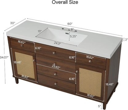 60 Inch Brown Bathroom Vanity with Single Sink,Large Rattan Bathroom Vanity with Spacious Countertop & Deep SMC Sink,with 5 Drawers & 2 Soft Closing Doors,Silver Knobs,Woven Front,8 in Faucet Hole