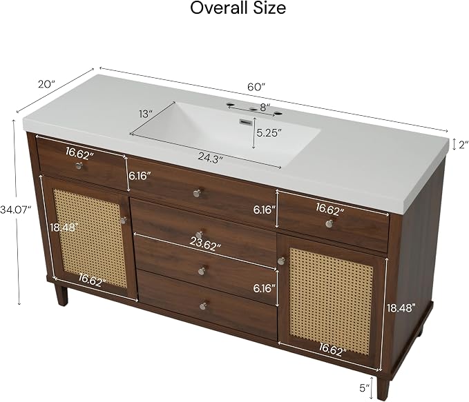 60 in Farmhouse Bathroom Vanity with Single Sink, Solid Wood& MDF Bathroom Sink Cabinet with 5 Drawers & 2 Soft-Closing Door,Freestanding