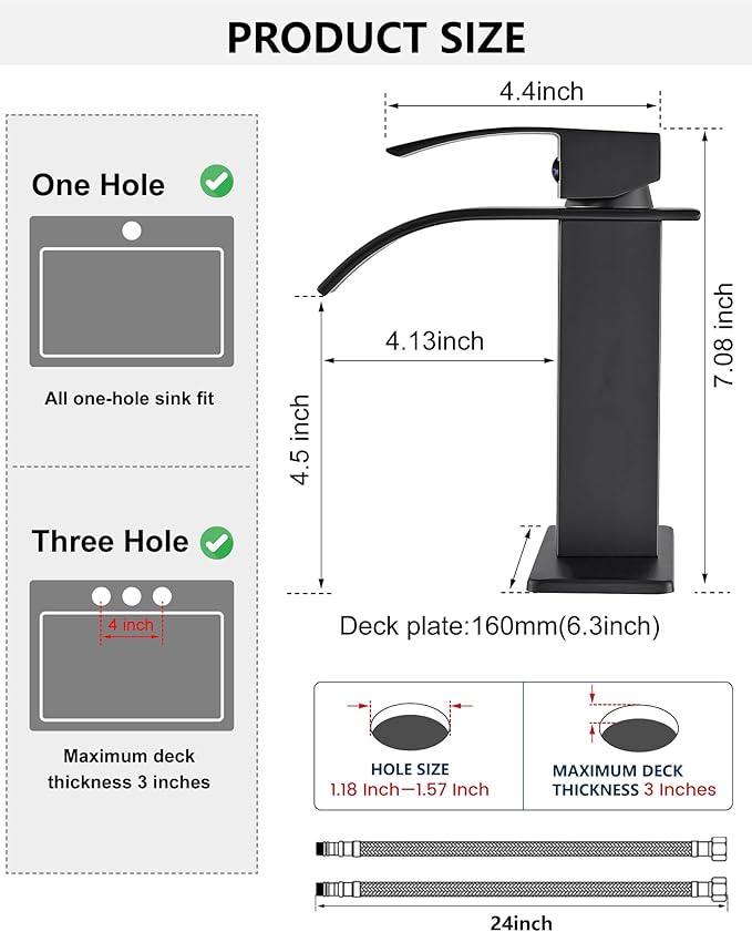 Midanya Waterfall Spout Bathroom Faucet Single Handle 1 Hole Bathroom Sink Faucet,Modern RV Lavatory Vanity Basin Tap with Water Hose,No Drain,Short Body,Matte Black