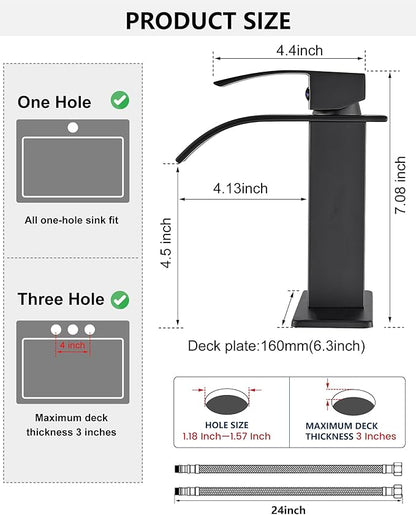 Midanya Waterfall Spout Bathroom Faucet Single Handle 1 Hole Bathroom Sink Faucet,Modern RV Lavatory Vanity Basin Tap with Water Hose,No Drain,Short Body,Matte Black