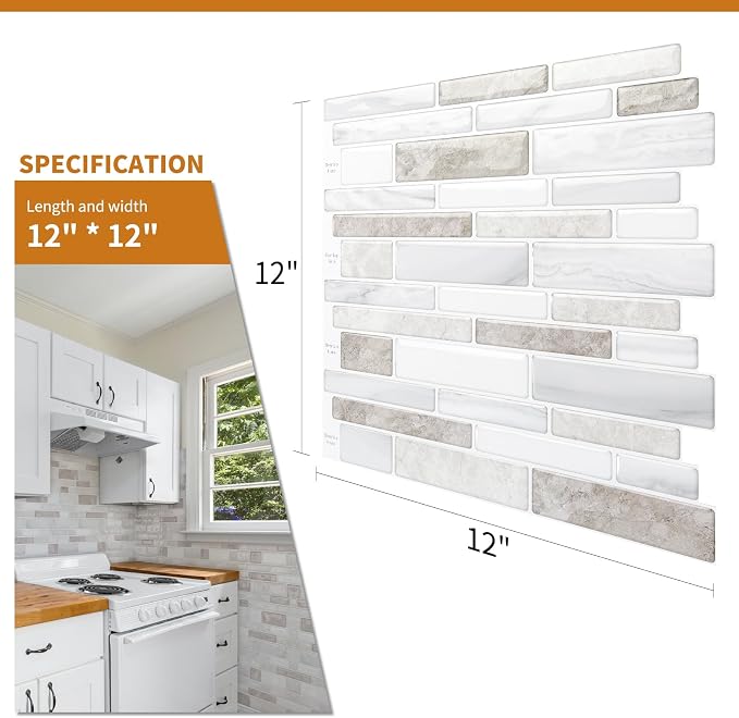 WOWSTAR 10 Sheet Marble Peel and Stick Backsplash for Kitchen,Self-Adhesive Tile Backsplash for Kitchen, Bathroom, 12" x 12", (Beige & White) | Peel and stick backsplash, self-adhesive wall tile, Beige White, marble, waterproof, kitchen bathroom wall, ...