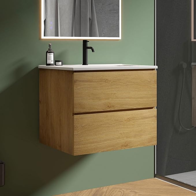 24" Bathroom Vanity with Sink, Modern Floating Vanity with Double Soft Closing Drawers, Large Storage for Small Space, Natural Oak, Fully Assembled - Iris Collection