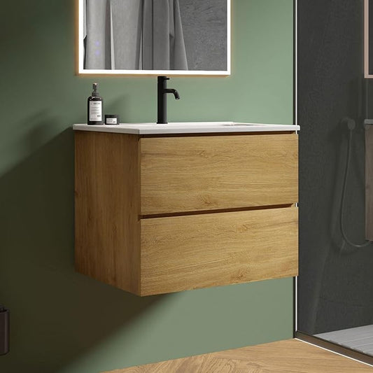 24" Bathroom Vanity with Sink, Modern Floating Vanity with Double Soft Closing Drawers, Large Storage for Small Space, Natural Oak, Fully Assembled - Iris Collection