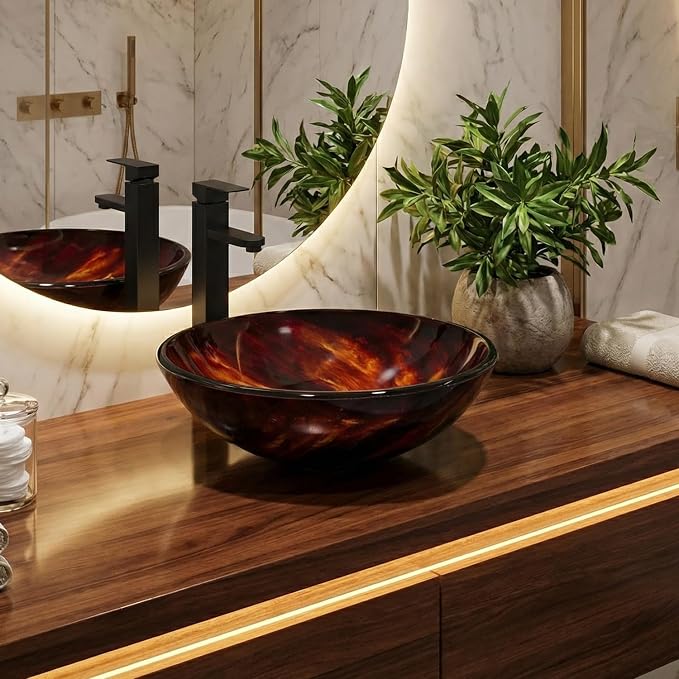 Bathroom Artistic Vessel Sink, Tempered Glass Vanity Round Bowl, Flame Red | Black Faucet, Pop Up Drain, Above Counter, Easy Clean