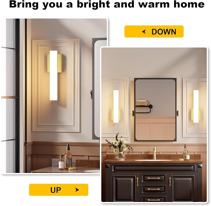 15.7 Inches Modern Bathroom Led Wall Sconces,18W 3000K Hardwired Wall Light with White Acrylic Lampshade,Indoor Bathroom Vanity Light for Mirror Bedroom Living Room Hallway(Gold,2Pack)