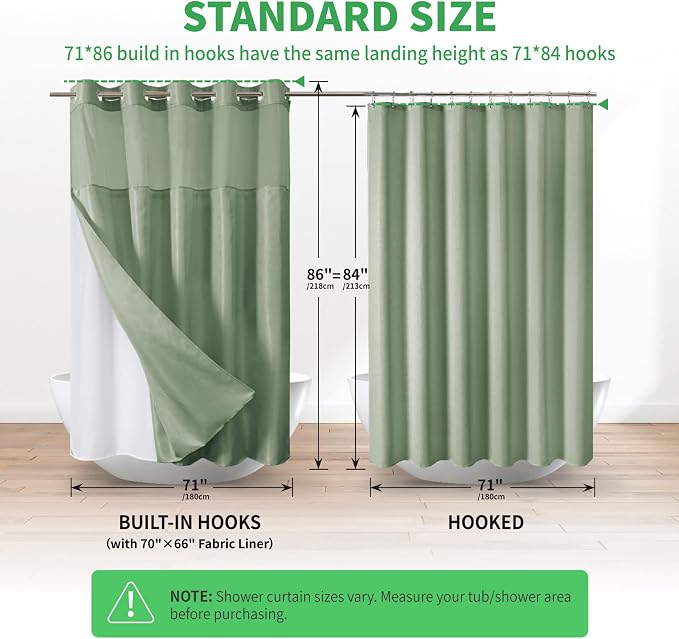 eachope Extra Long No Hook Shower Curtain with Snap-in Liner,71x86,Green | Boho Arch Textured,230GSM Thick Fabric,Sheer Window,Magnetic Weighted Hem,Waterproof & Machine Washable,for Bathroom,Hotel