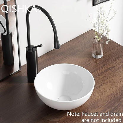 11 Inch Round Bathroom Bowl Sink Above Counter, QISHKA Mini White Ceramic Vanity Vessel Sink - 11" x 11" Small Countertop Circle Art Basin for Space-Saving