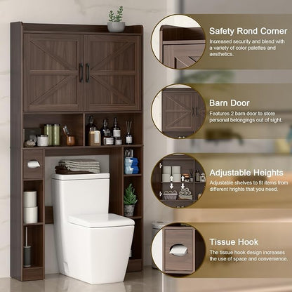 Vabches Over The Toilet Storage Cabinet with Barn Doors, Espresso | Toilet Cabinet Rack, Space Saving Bathroom Organizer with Shelves, Toilet Paper Holder and Towel Rack for Bathroom,Laundry.