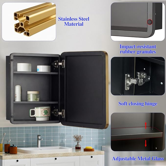 24" x 24" Bathroom Medicine Cabinet with Mirror Door, Brush Gold Stainless Steel Frame, Recessed or Surface Mounted,Storage Cabinet with Adjustable Metal Shelves,Upgraded Version