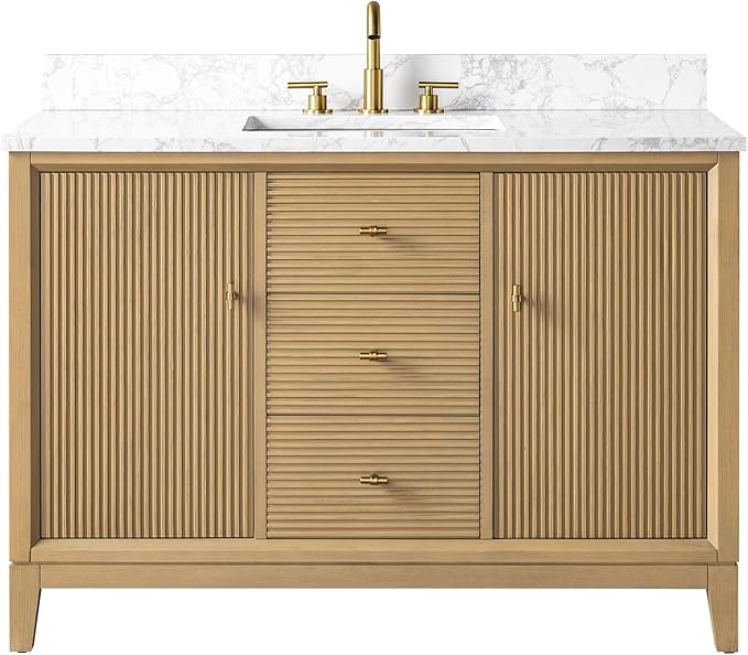 Vanity Art 48" Bathroom Vanity with Single Sink & Arabescato White Engineered Stone Top, Vanity Cabinet with Soft Closing Door, Solid Wood Frame, Golden Brushed Handles, Natural Oak VA8148-NO-GB