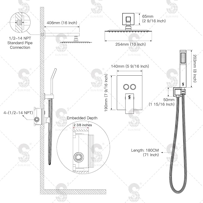 SR SUN RISE Shower System with Push Button Diverter, Wall Mounting Luxury 10 Inch Rain Shower Head with Handheld Spray, High Pressure Shower Faucet Combo Set with Rough-in Valve, Matte Black