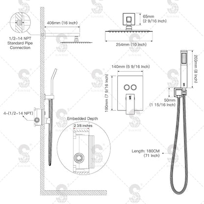 SR SUN RISE Shower System with Push Button Diverter, Wall Mounting Luxury 10 Inch Rain Shower Head with Handheld Spray, High Pressure Shower Faucet Combo Set with Rough-in Valve, Matte Black