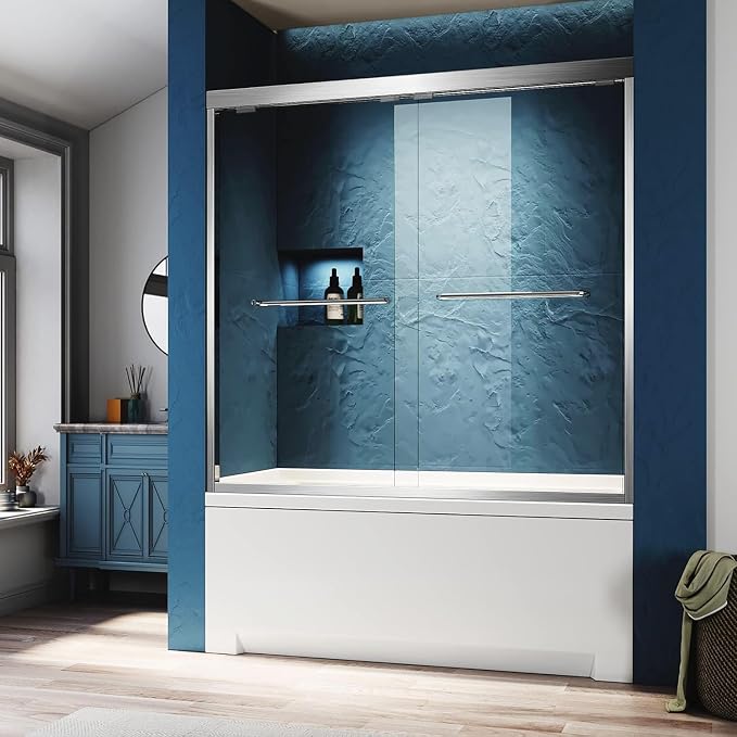 Bathtub Sliding Glass Shower Doors,56-60 inch W x 62 inch Height Shower Doors with 1/4 inch(6mm) Clear Tempered Glass,Semi-Frameless Bypass Tub Doors with Stainless Steel Brushed Nickel Handles
