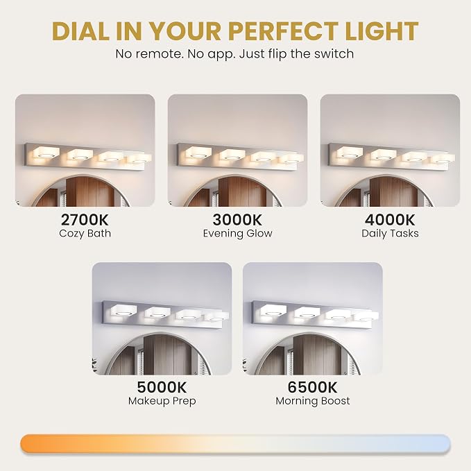 Bathroom Vanity Light, 4-Light 31 Inch Brushed Nickel 5CCT 2700-6500K LED Bathroom Light Fixtures Over Mirror, Vanity Lighting Modern Bath Wall Sconce for Mirror Bedroom Living Room