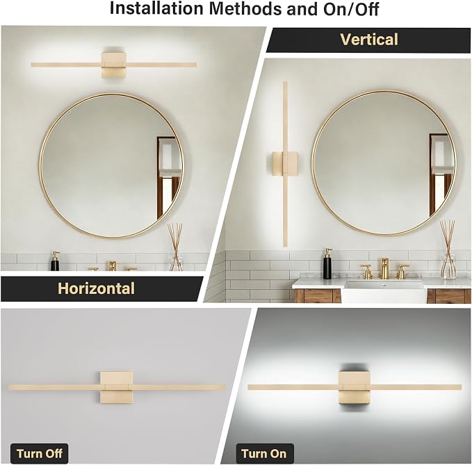 Gold Bathroom Vanity Light, 24 Inch LED Light Bar Over Mirror | Modern Bathroom Light Fixture Over Mirror for Vanity, 360° Rotatable Dimmable LED Wall Mounted Lighting, ETL Certified