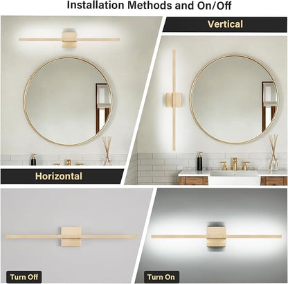 Gold Bathroom Vanity Light, 24 Inch LED Light Bar Over Mirror | Modern Bathroom Light Fixture Over Mirror for Vanity, 360° Rotatable Dimmable LED Wall Mounted Lighting, ETL Certified