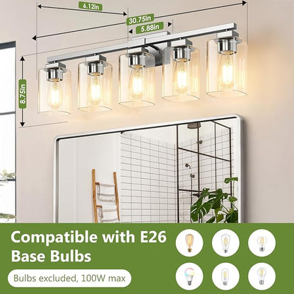 31” Bathroom Light Fixtures, 5-Light Vanity Light Brushed Nickel | Square Clear Glass & Durable Metal, Quick & Easy Installation, Standard E26 Socket, Bright Bathroom Lighting