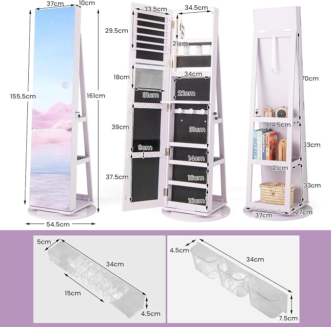 MAT EXPERT 360° Rotating Jewelry Armoire, Lockable Freestanding Jewelry Organizer w/Full-length Mirror, 3-Color LED Lights, Rear Storage Shelves, Mirror Jewelry Cabinet for Bedroom (Lavender)
