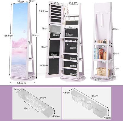 MAT EXPERT 360° Rotating Jewelry Armoire, Lockable Freestanding Jewelry Organizer w/Full-length Mirror, 3-Color LED Lights, Rear Storage Shelves, Mirror Jewelry Cabinet for Bedroom (Lavender)