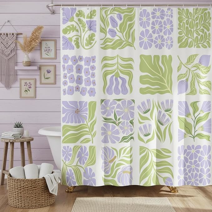JAWO Cute Boho Floral Shower Curtain, Purple Green Abstract Floral Retro Aesthetic Shower Curtain for Bathroom, Funky Unique Waterproof Fabric Polyester Bath Curtains Decor with Hooks,69Wx84H