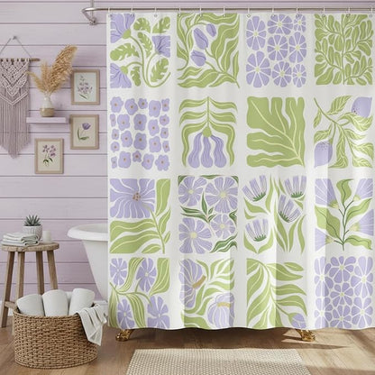 JAWO Cute Boho Floral Shower Curtain, Purple Green Abstract Floral Retro Aesthetic Shower Curtain for Bathroom, Funky Unique Waterproof Fabric Polyester Bath Curtains Decor with Hooks,69Wx84H