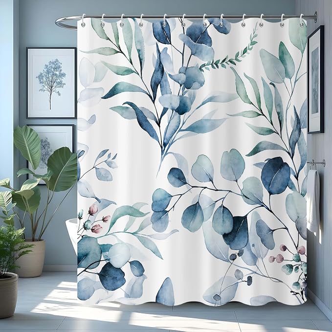 Blue Shower Curtain, Watercolor Eucalyptus Leaves Botanical Plants with Floral Bathroom Curtain Home Bathtub Decor Waterproof Fabric Machine Washable with 8 PCS Hooks,48" Wx72 L
