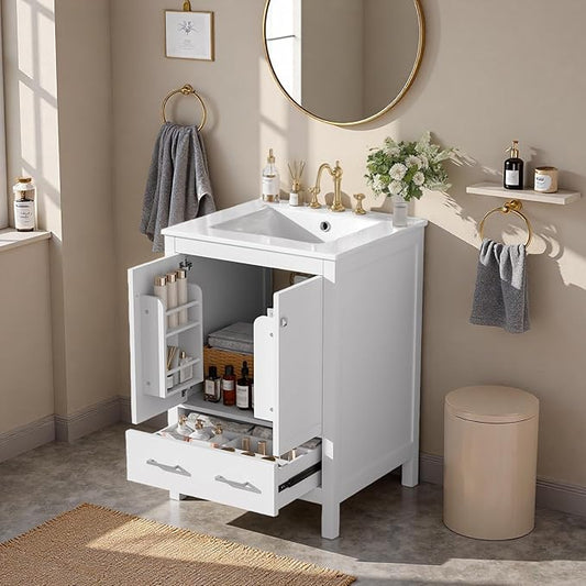 24" Freestanding Bathroom Vanity with Sink, Floor Stand Bathroom Storage Cabinet with Ceramic Sink, Doors with Double-Layered Storage Shelves, Modern Compact Vanity with Divided Drawer, White