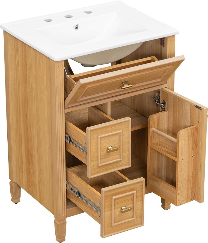 24" Modern Bathroom Vanity with Ceramic Sink, Solid Wood Frame Freestanding Storage Cabinet w/2 Drawers & Tilt-Out Drawer, Door Rack & Adjustable Shelf, Golden Metal Handles, Wood