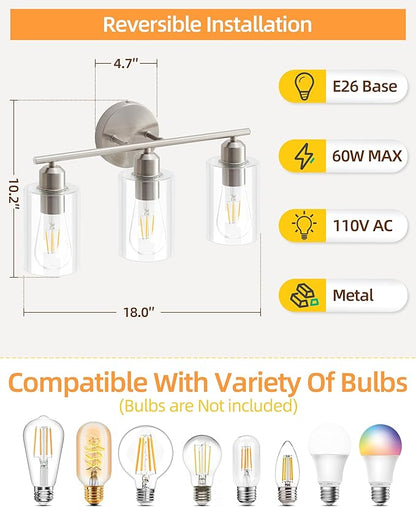 3-Light Bathroom Light Fixtures, Brushed Nickel Bathroom Vanity Lights, Bathroom Lighting Fixtures Over Mirror with Clear Glass Shade, Wall Sconce Light for Bedroom, Living Room and Hallway