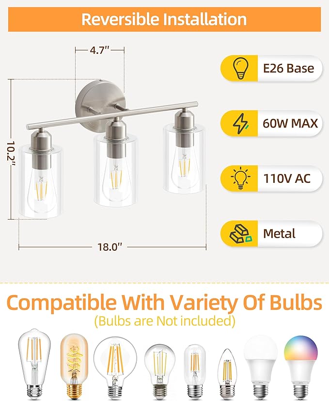 Brushed Nickel Vanity Lights - 3-Light Modern Bathroom Lighting Fixtures with Clear Glass Shade - Wall Sconce for Hallway - 2Pack