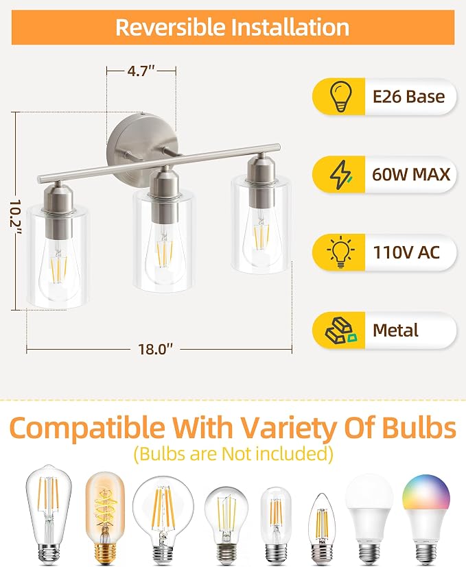 Brushed Nickel Vanity Lights - 3-Light Modern Bathroom Lighting Fixtures with Clear Glass Shade - Wall Sconce for Hallway - 2Pack