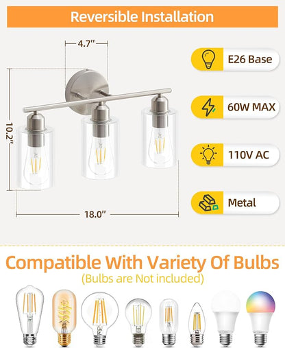 Brushed Nickel Vanity Lights - 3-Light Modern Bathroom Lighting Fixtures with Clear Glass Shade - Wall Sconce for Hallway - 2Pack