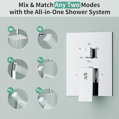 Shower Faucet Set Shower System - SR SUN RISE Polished Chrome Shower Trim Kit with Dual Shower Head, 10'' Ceiling Rainfall 6'' Wall Mount with Handheld Shower for Couples, Complete 6 Diverter Valve