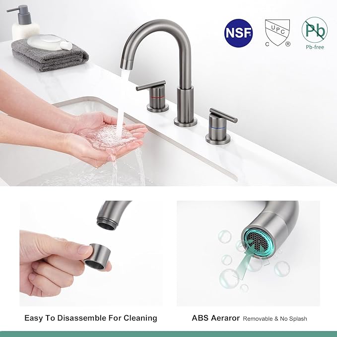 Faustina Gery Bathroom Faucet, 3 Hole, 8 Inch Widespread, 4 Inch Centerset, 2-Handle Stainless Steel