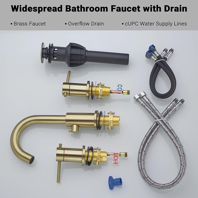 Bathroom Faucet 3 Hole Brushed Gold - Flow-Setting 8 Inch Widespread Bathroom Sink Faucet with 360° Swivel Spout for Small Vanity, with Overflow Pop Up Drain and cUPC Waterlines