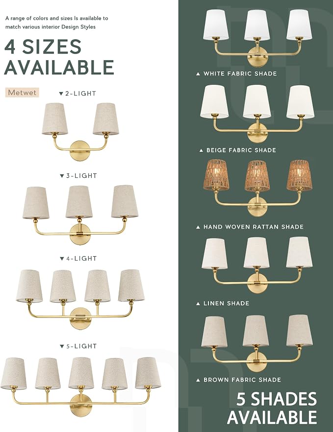 5-Light Brushed Gold Bathroom Vanity Light, Brown Linen Fabric Shade | 35 Inch gold bathroom light fixture over mirror, UL listed, E26 bulbs, hardwired, upward only, VL837-BG-L-5