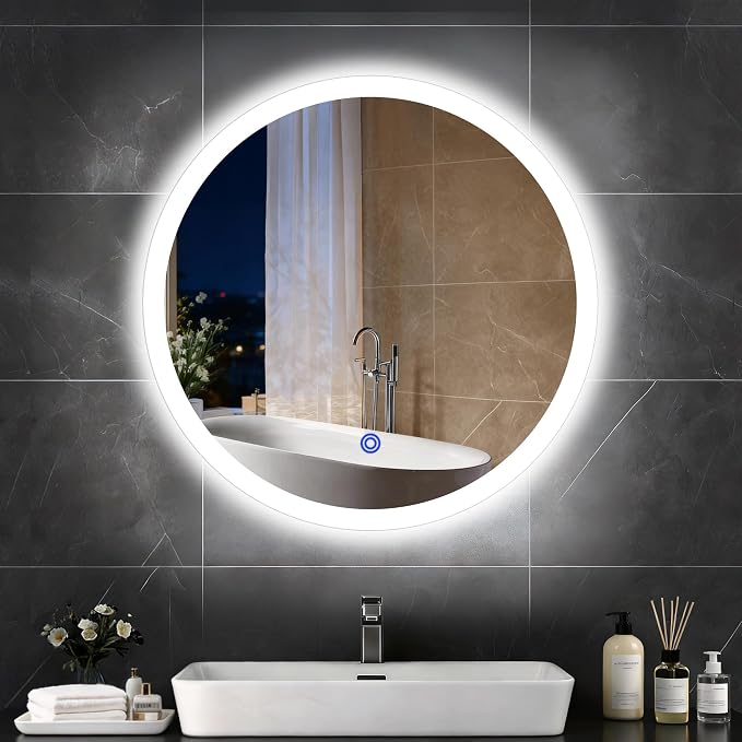 24“ x 24” LED Bathroom Smart Mirror, Round Mirror with Three Color Light Temperature Brightness Settings,Backlit + Front Lit,Wall-Mounted Vanity Mirror with Memory Function