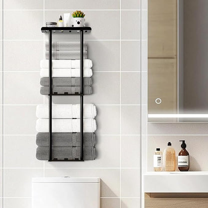 Towel Racks for Bathroom, 3 Tier Metal Towel Holder, with Shelf & 6 Hooks, 29 inch Wall Mounted Towel Storage, 6 Large Bath Towels Capacity,Small Bathroom Towel Rack for Rolled Towels, Black