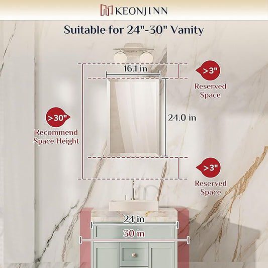 Keonjinn 16 x 24 Inch Frameless Bathroom Mirror, Beveled Mirrors for Bathroom Sink, Shatterproof Wall Mirror, Modern Decorative for Living Room, Entryway, Bedroom, Horizontal/Vertical