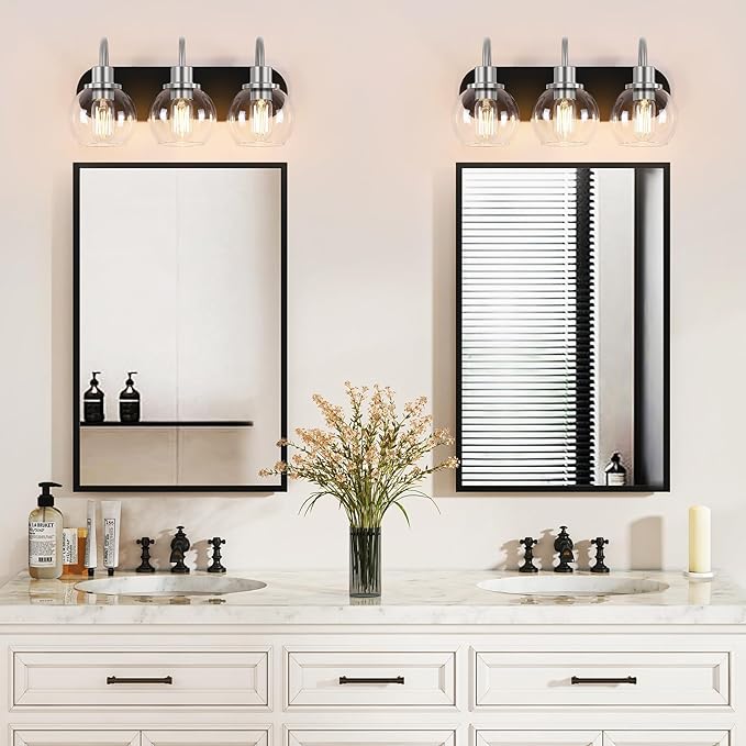 Modern 3-Light Vanity Light, Bathroom Lighting Fixture Over Mirror With Clear Glass Shade and Metal Base, Matte Black and Brushed Nickel