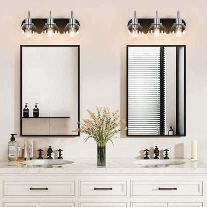 Modern 3-Light Vanity Light, Bathroom Lighting Fixture Over Mirror With Clear Glass Shade and Metal Base, Matte Black and Brushed Nickel