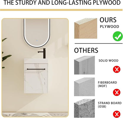 Malwee 16" Floating Bathroom Vanity with Sink, 16 inch Modern White Wall Mounted Bathroom Cabinet Combo for Small Space, Narrow Bath Wall-Hung Vanity Set with 1 Ceramic Basin and 1 Door(16cw)