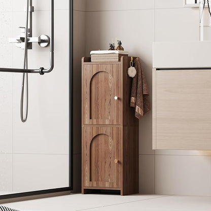 Arbuxzuy Small Bathroom Storage Cabinet with 2 Doors and Adjustable Shelf | Brown Corner Floor Cabinet, Narrow Toilet Paper Cabinets with 2Hooks,Toilet Organizer for Small Spaces, 7.87"D*9.84"W*29.72"H