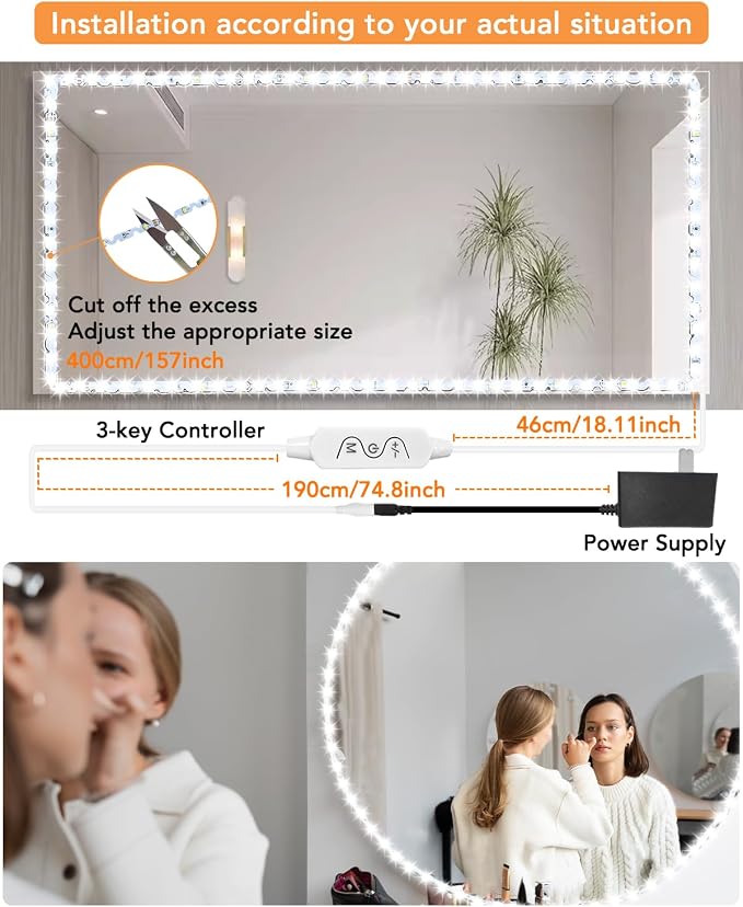 Daymeet LED Vanity Lights for Mirror,13ft Led Vanity Mirror Lights Kit Dimmable Color and Power Supply Brightness Lighting Fixture Strip Lights for Mirror APP Control for Makeup Vanity Table Bathroom