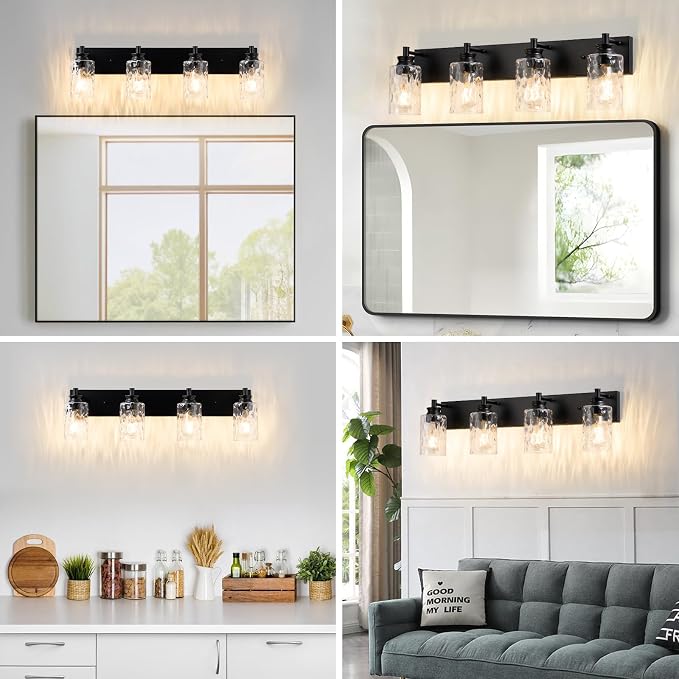 4 Light Bathroom Vanity Light Modern Black Bathroom Light Fixtures Over Mirror with Hammered Glass Lampshade for Kitchen Hallway