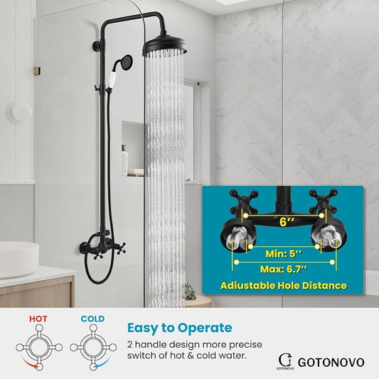 gotonovo Exposed Shower Faucet Set Luxury,Matte Black,Straight Rod | Bathroom 8” Shower Head with Handheld Spray System Fixtures,Vintage Two Cross Handle,Wall Mount,for 5-6.7" Hole,Adjust Height