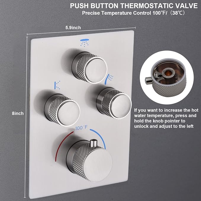 Dual Shower Heads Shower System with 16" Ceiling Mounted Rain Shower Head & 6" Wall Mounted Head Full Body Shower System 3 Way Thermostatic Shower Valve Can All Run Together, Brushed Nickel