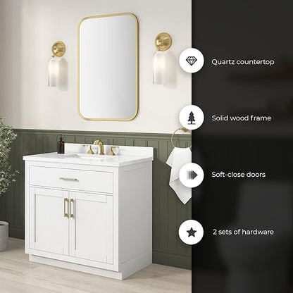 OVE Decors Bailey 36 in. Single Sink Freestanding White Bathroom Vanity with White Quartz Top, Matching Backsplash and Brushed Gold Hardware